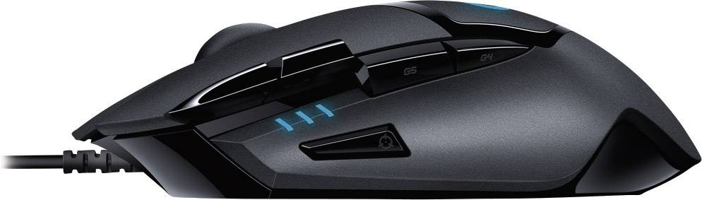 Eine schwarze Gaming-Maus mit blauen LED-Lichtern und mehreren programmierbaren Tasten, seitliche Ansicht.