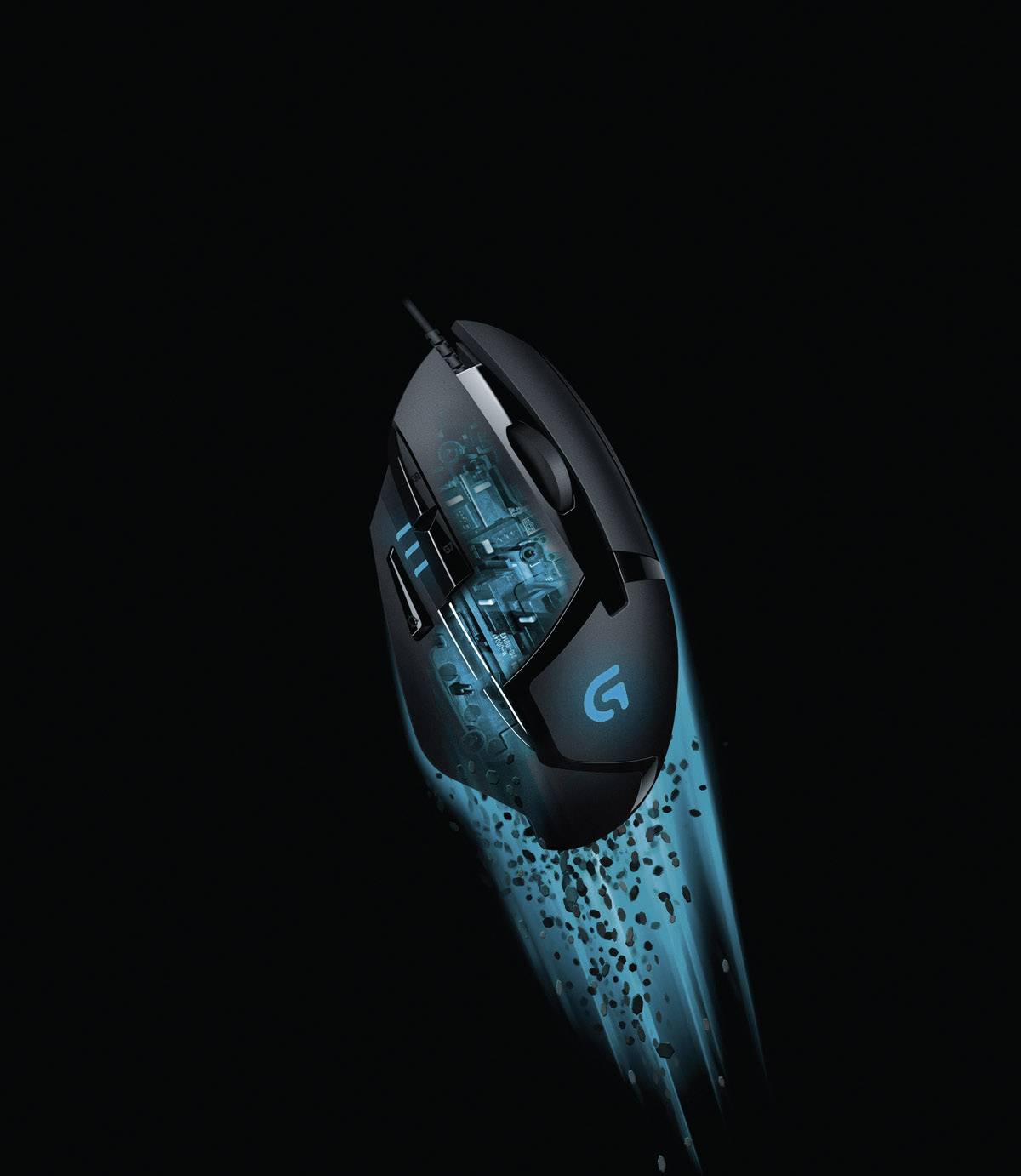 Gaming-Maus mit blauem Leuchteffekt auf dunklem Hintergrund, zeigt das Markenlogo und durchscheinende interne Komponenten.