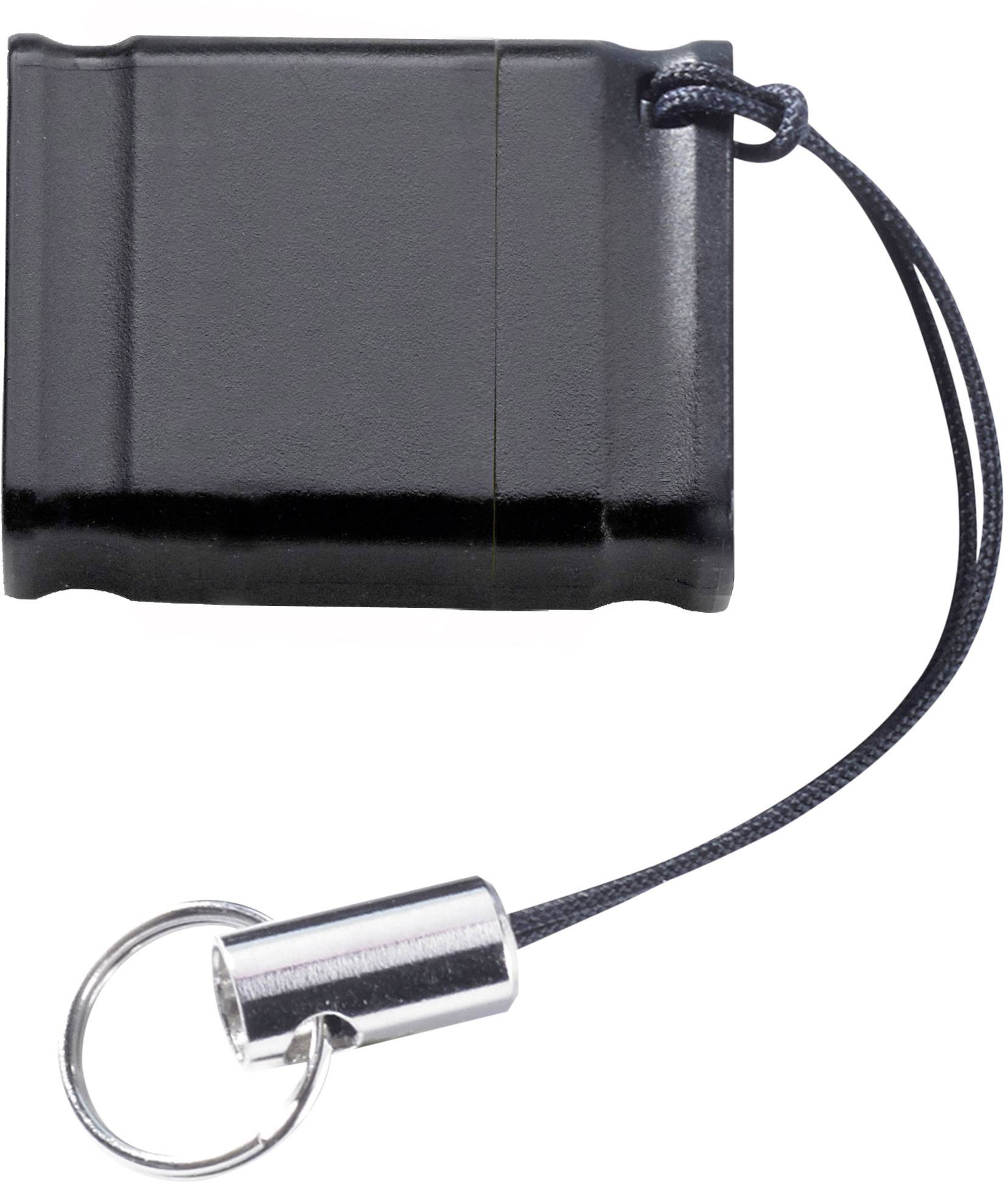 Kleines schwarzes Plastiketui mit einer Schlaufe und einem Metallring, möglicherweise ein Schlüsselanhänger oder Taschenuhrgehäuse.