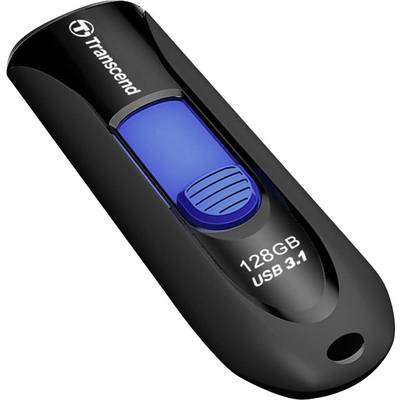 Ein schwarzer USB-Stick mit blauer Kappe, auf dem '128GB USB 3.1' steht.