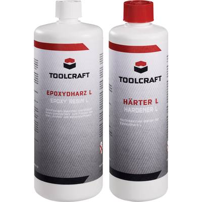 Zwei Flaschen Toolcraft Epoxidharz L und Härter L, jeweils mit roten und weißen Schraubverschlüssen und Etiketten für Epoxidharzprojekte.
