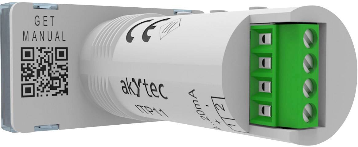 Ein zylindrisches Gerät mit QR-Code und Beschriftung 'GET MANUAL'. Grüne Klemmen für elektrische Verbindungen sind sichtbar.