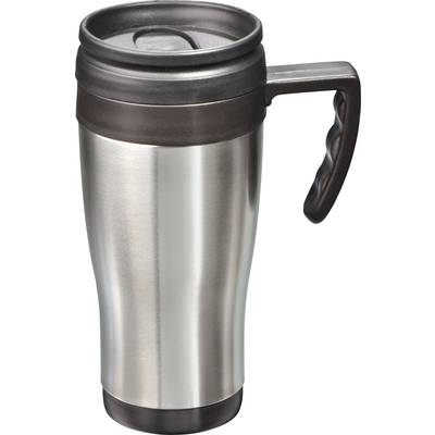 Stahl-Thermobecher mit Henkel und Deckel, geeignet für warme Getränke unterwegs.