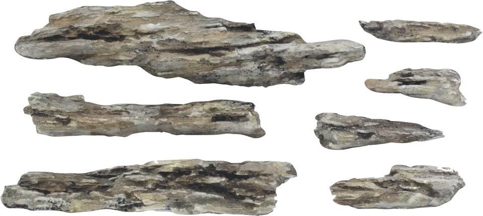 Mehrere versteinerte Holzstücke in unterschiedlichen Formen und Größen. Hauptfarben sind Grau- und Brauntöne.