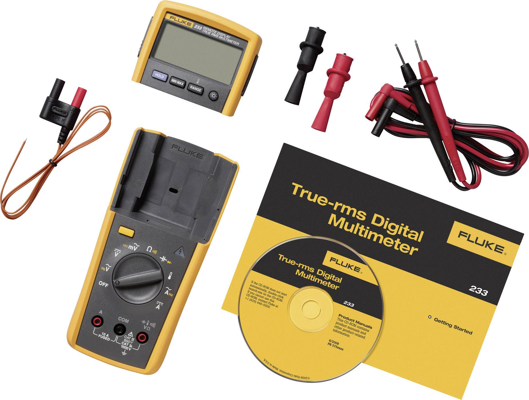Ein digitales Multimeter mit Zubehör, darunter Messleitungen, Krokodilklemmen und eine Bedienungsanleitung mit CD.