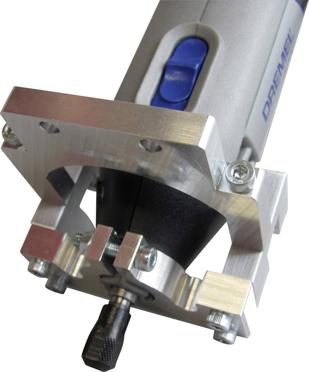 Ein elektrisches Handwerkzeug mit einem Fräsaufsatz, darunter eine Metallhalterung. Geeignet für präzise Schneid- oder Gravierarbeiten.