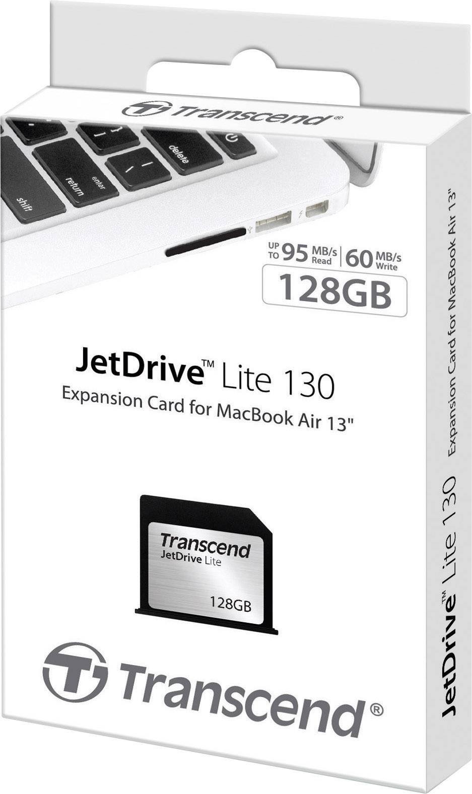 Verpackung der Transcend JetDrive Lite 130 mit einer Speicherkarte für MacBook Air 13", 128GB, Übertragung bis zu 95MB/s.