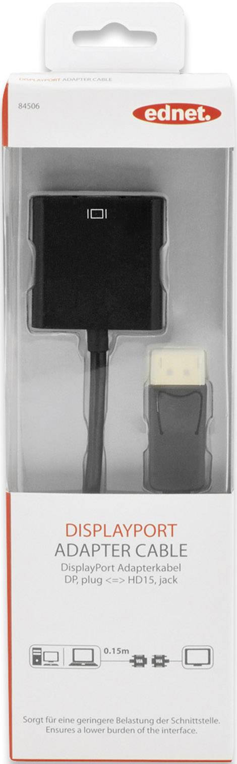 ednet DisplayPort / VGA Adapterkabel DisplayPort Stecker, VGA 15pol. Buchse 0.15 m Schwarz 84506 vergoldete Steckkontakt-1