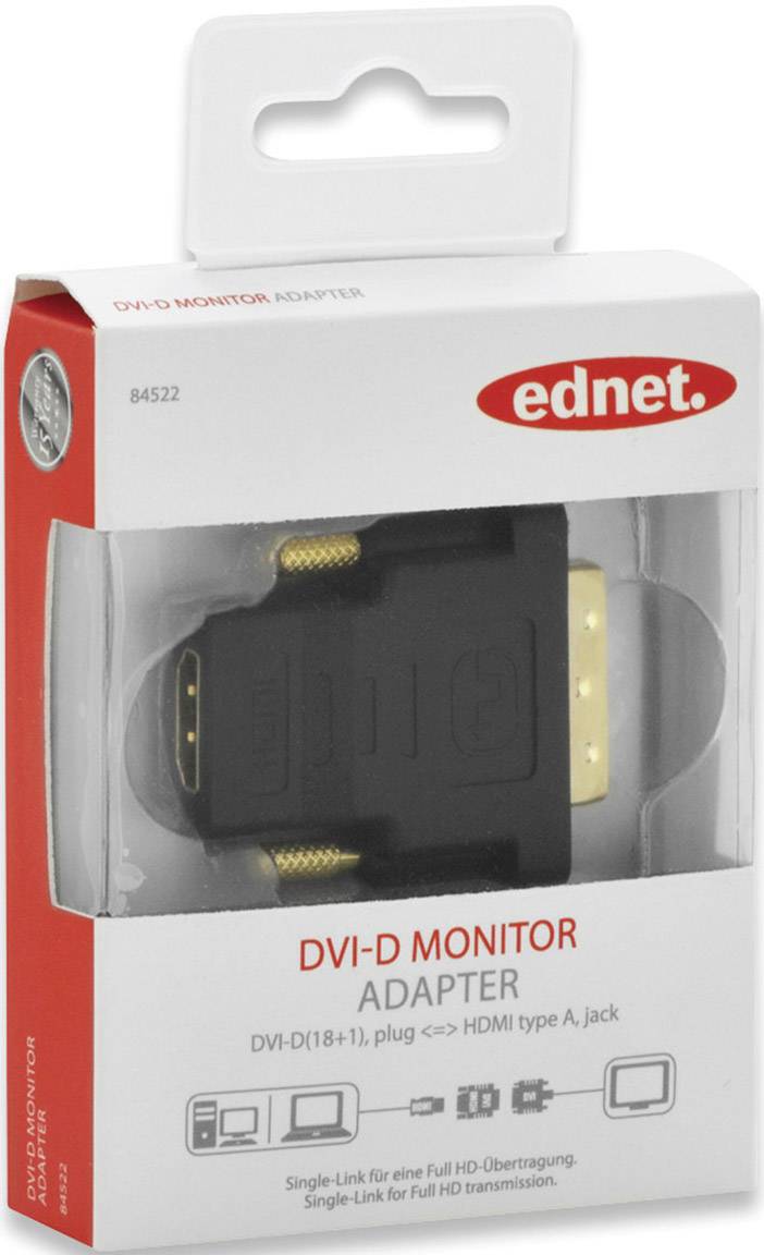 Ednet DVI Adapter, DVI(18+1) - HDMI Typ A St/Bu,Full HD, sw-3