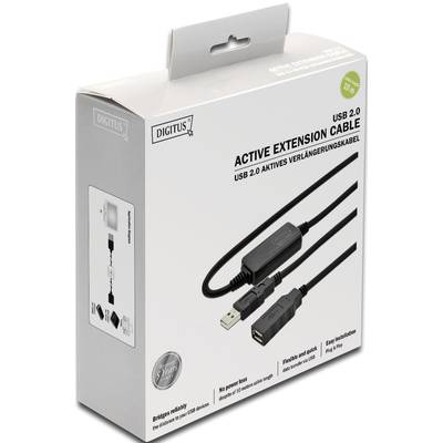 'Verpackung eines USB 2.0 aktiven Verlängerungskabels von Digitus. Bild von Kabel mit Steckern, Text mit Längenangabe 10 Meter.'