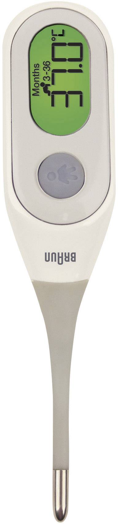 Digitales Thermometer zeigt 37,0°C auf grünem Display an, geeignet für axillare, orale und rektale Messungen.