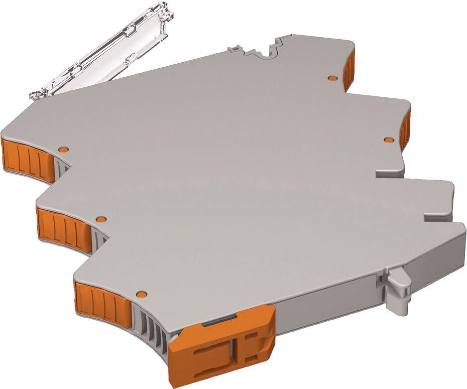 Elektronisches Bauteil mit grauem Gehäuse und orangen Anschlussklemmen, möglicherweise eine modulare DIN-Schienen-Komponente.