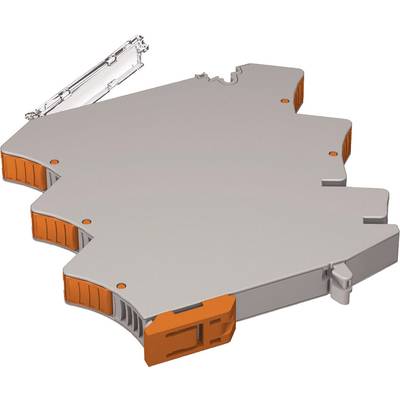 Elektronisches Bauteil mit grauem Gehäuse und orangen Anschlussklemmen, möglicherweise eine modulare DIN-Schienen-Komponente.