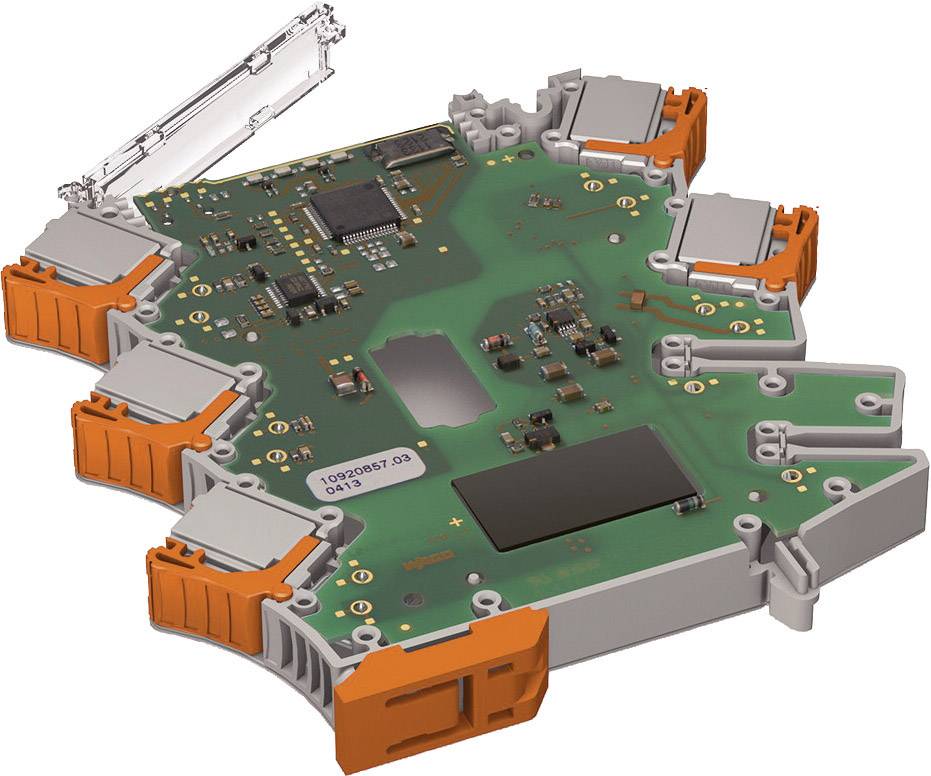 Elektronische Leiterplatte mit grüner Oberfläche und orangefarbenen Anschlüssen, verwendet in der Steuerungstechnik für Signalverarbeitung.