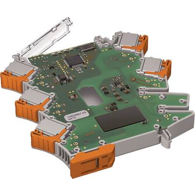 Elektronische Leiterplatte mit grüner Oberfläche und orangefarbenen Anschlüssen, verwendet in der Steuerungstechnik für Signalverarbeitung.