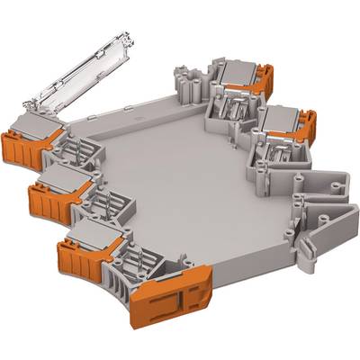 Elektronisches Gehäuse mit mehreren Anschlussklemmen in Grautönen und orangefarbenen Akzenten, teilweise geöffnet.