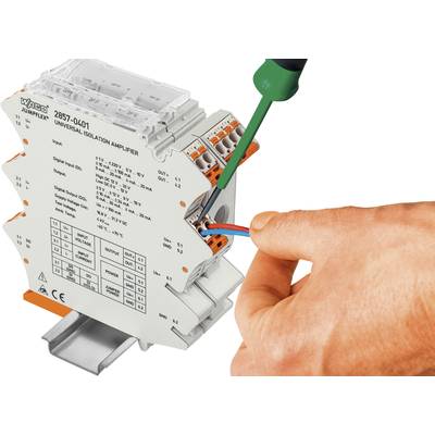 Ein Universal-Signalwandler wird mit einem Schraubendreher installiert, wobei Kabel mit den entsprechenden Anschlüssen verbunden werden.