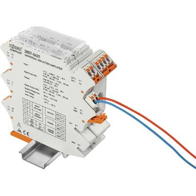 Isolation Amplifier, Modellnummer 2857-0L01, zur Signalübertragung. Zeigt Eingangs- und Ausgangsspezifikationen. Angeschlossen an Drähte.