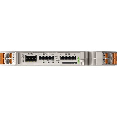 Ein elektronisches Gerät mit Schaltern und Kontrollleuchten. Links sind orangefarbene Anschlüsse sichtbar, rechts eine grüne Aufschrift 'WAGO'.