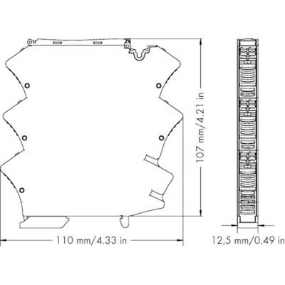 Zeichnung eines technischen Geräts mit Abmessungen: Breite 110 mm, Höhe 107 mm, Tiefe 12,5 mm. Seitenansicht zeigt interne Struktur.