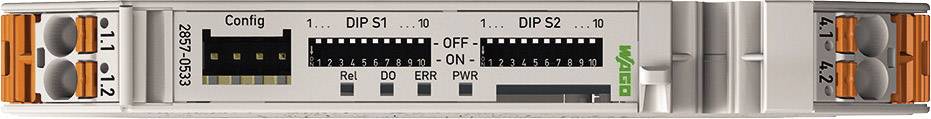 'WAGO 2857-9353' elektronisches Modul mit Schalter, 'Config'-Label, LED-Anzeigen für 'Run', 'DO', 'ERR', 'PWR' und zwei DIP-Schaltern.
