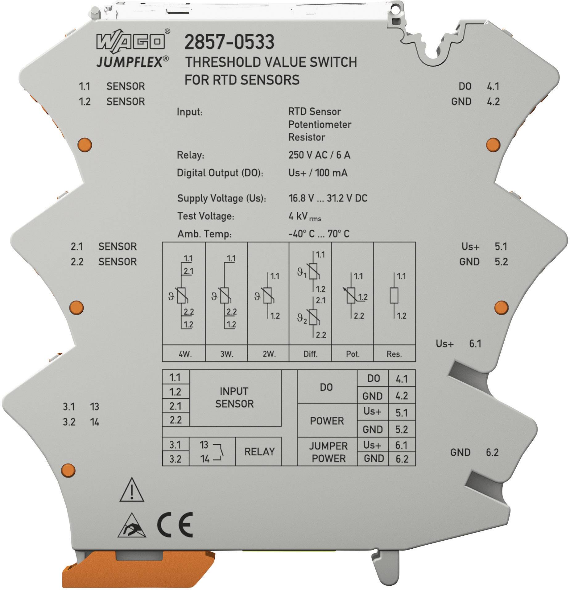 Industrieller elektronischer Schalter mit Anschlüssen, Beschriftungen und technischen Spezifikationen für RTD-Sensoren.