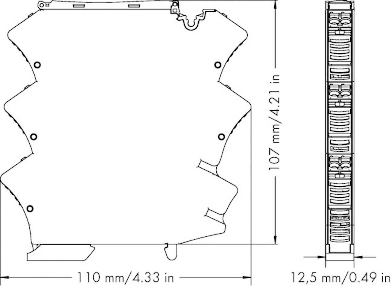 Seiten- und Vorderansicht einer technischen Zeichnung eines elektronischen Geräts mit Abmessungen: 110 mm x 107 mm x 12,5 mm.