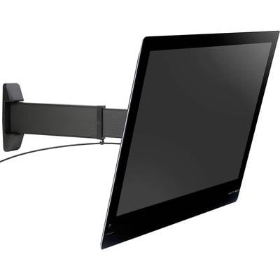 Ein Flachbildschirm ist an einem schwenkbaren Arm an der Wand montiert. Der Bildschirm ist schwarz und leicht nach links geneigt.