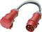 Roter CEE-Stecker mit Kupplung und fünf farbigen Kabeln, verwendet für industrielle Stromverbindungen.