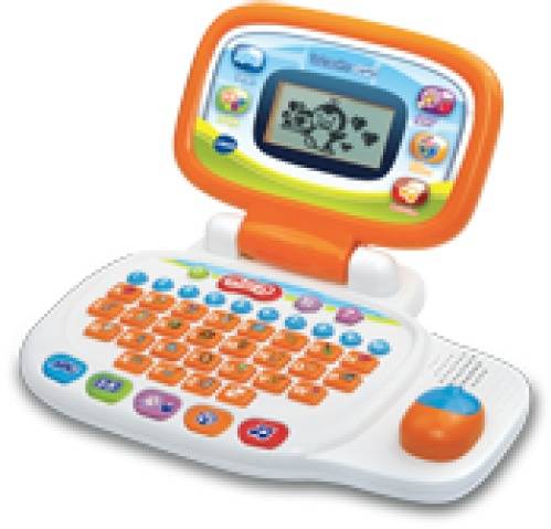 Kinderspielzeug-Laptop mit bunten Tasten und kleinem Bildschirm. Ideal für Lernspiele und frühe Computererfahrungen.
