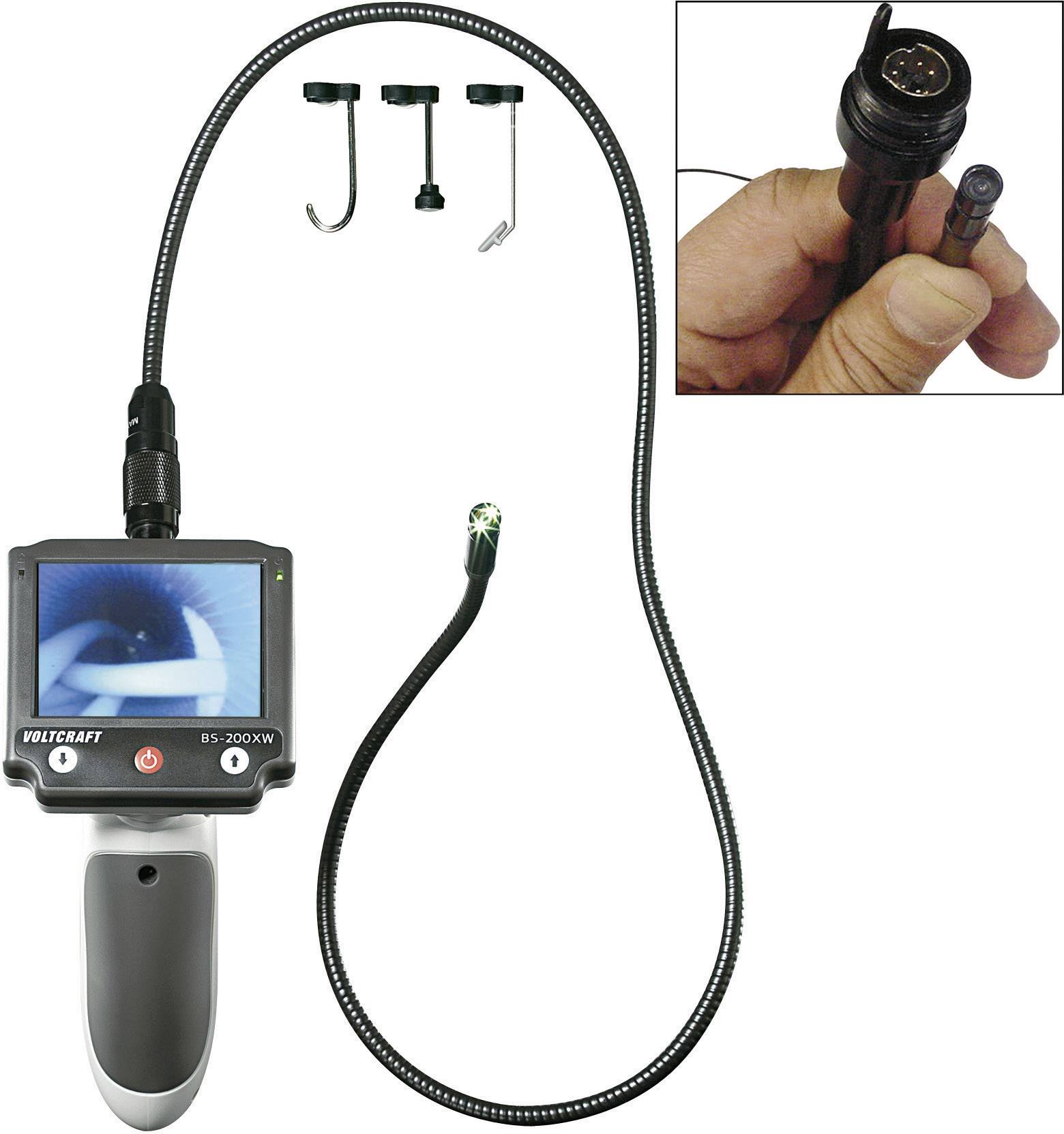 Endoskop-Kamera mit Bildschirm. Flexible Sonde verbindet Kamera mit Anzeige. Drei Hakenaufsätze oben. Nahaufnahme des Kabelanschlusses rechts.