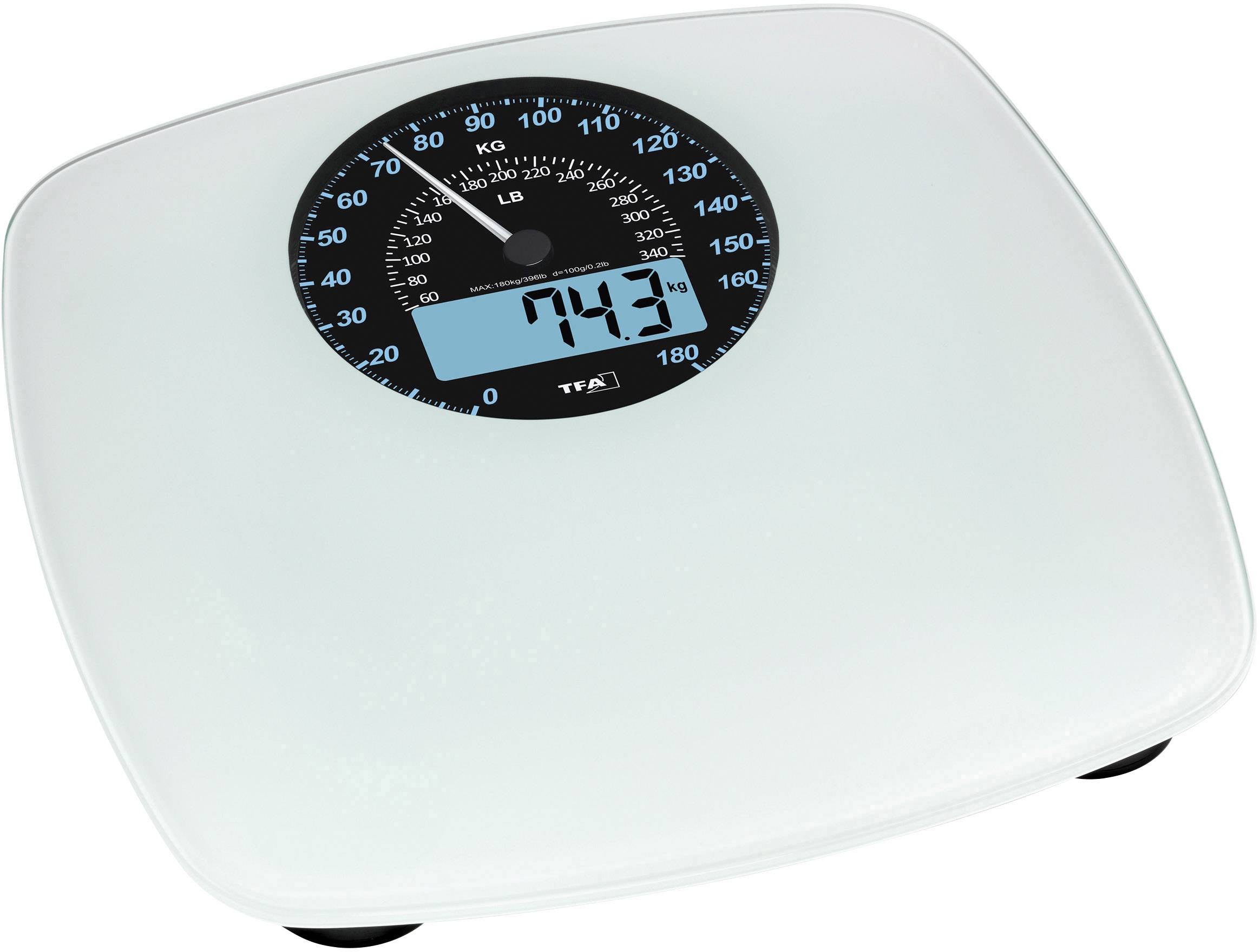 Analoge Personenwaage mit digitaler Anzeige zeigt '74.3 kg'.