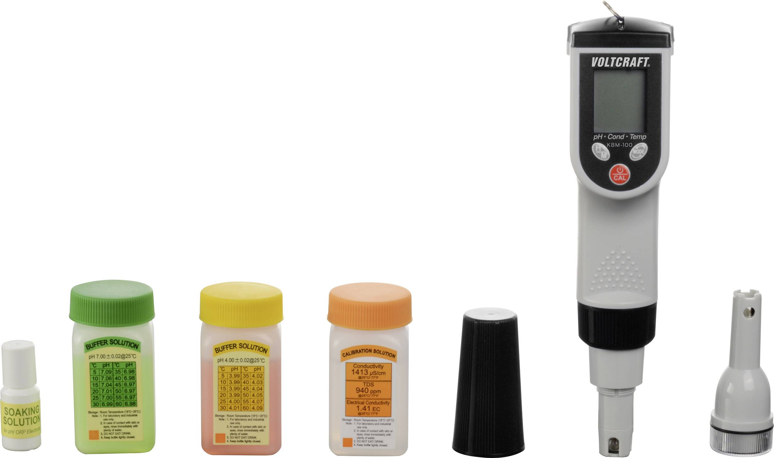 Ein pH-Messgerät mit digitaler Anzeige, begleitet von vier Pufferlösungen in verschiedenen Farben und einem schwarzen Schutzbehälter.