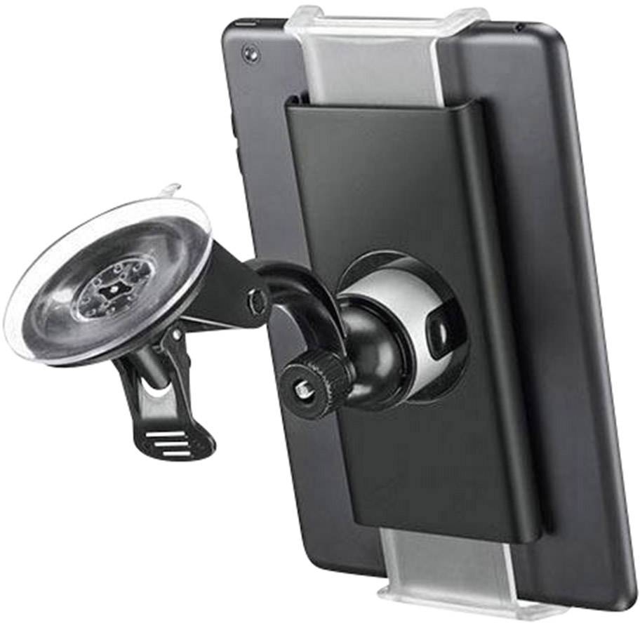 Tablet-Halterung mit Saugfuß zur Befestigung an Flächen, zeigt rückseitige Klemmvorrichtung zur sicheren Gerätemontage.