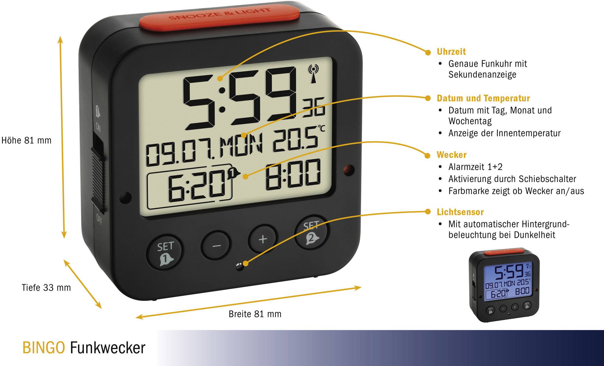 Elektronischer Funkwecker mit großem Display. Zeigt Uhrzeit, Datum, Wochentag und Temperatur an. Mit Wecker und Lichtsensor.