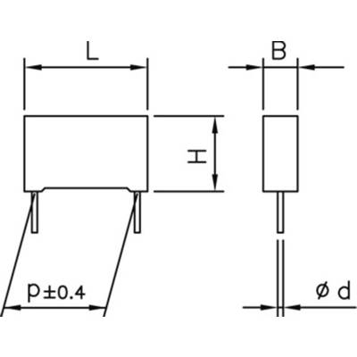 Technische Zeichnung eines elektronischen Bauteils mit Maßen. Hauptteil mit Länge 'L', Breite 'B', Höhe 'H', Abstand 'p', und Durchmesser 'd'.