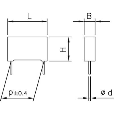 Diagramm eines elektronischen Bauteils mit Abmessungen: Länge 'L', Breite 'B', Höhe 'H', Abstand 'p ±0,4', und Durchmesser 'Ø d'.