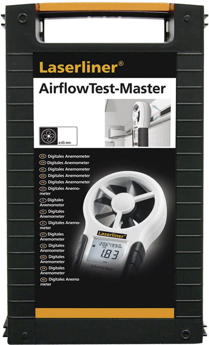 'Laserliner AirflowTest-Master' Anemometer auf der Verpackung. Zeigt ein digitales Display mit dem Wert '18.3' und einem Lüfter.