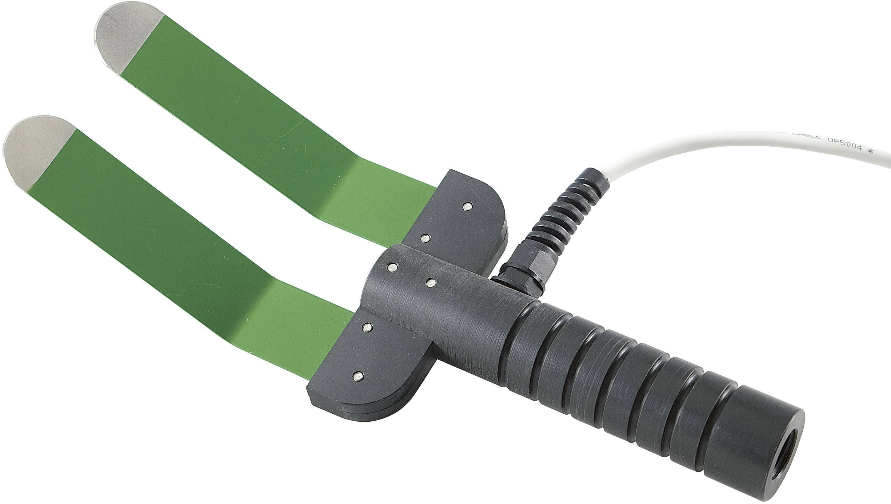 Ein Bodenfeuchtesensor mit zwei grünen Metallstiften und einem schwarzen Griff, verbunden mit einem weißen Kabel zur Messung der Bodenfeuchtigkeit.