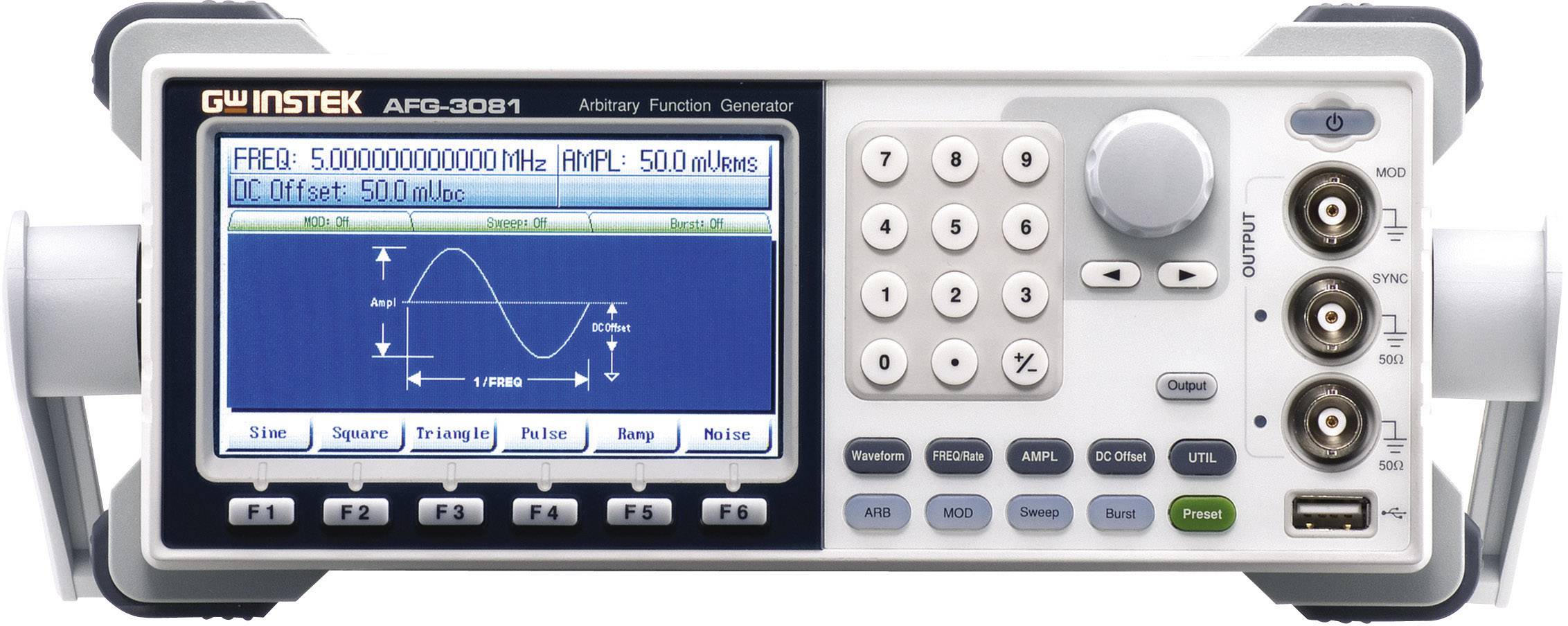 Frequenzgenerator mit Digitalanzeige zeigt Sinuswelle bei 500 MHz und Amplitude 500 mVp-p. Bedienfeld mit Tasten und Anschlüssen.