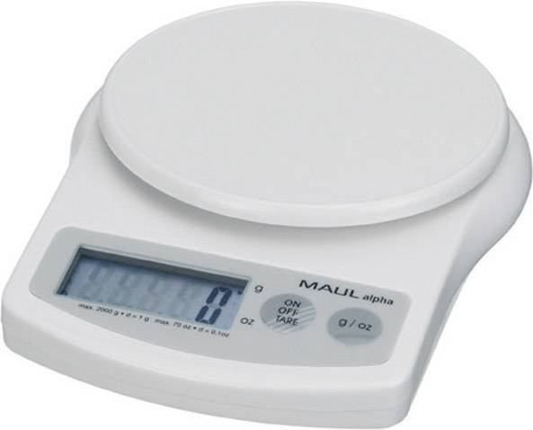 MAUL aplha Briefwaage, Tragkraft: 2.000 g, weiß Batteriebetrieb, inkl. 2 x 1,5 V Microbatterien (AAA