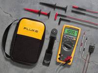 Vielseitiges Messgerät-Set. Enthält digitales Multimeter, Messleitungen, Aufbewahrungstasche und Zubehör auf grauem Hintergrund.