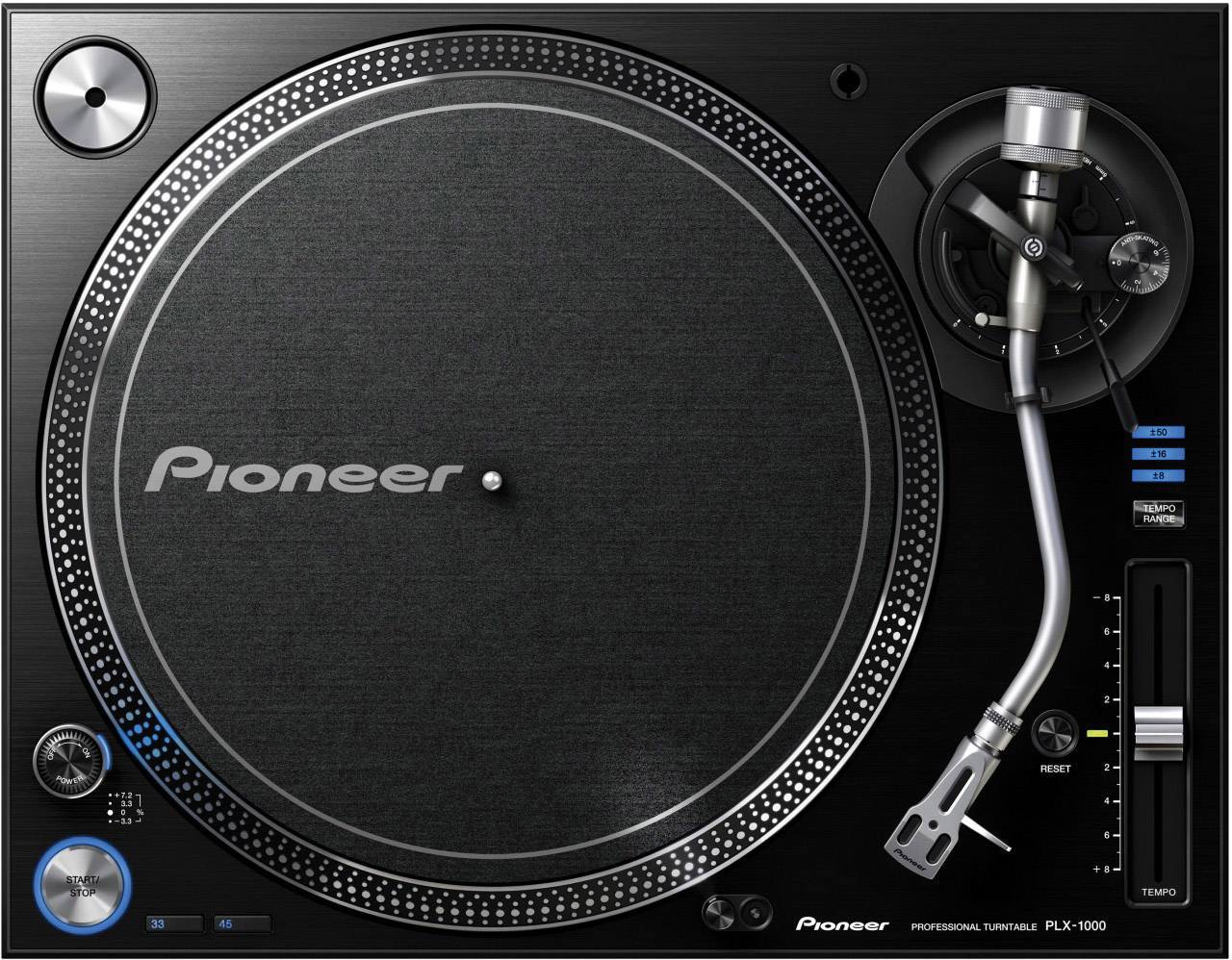 Plattenspieler von Pioneer mit abgenommenem Vinyl, Tonarm rechts positioniert. Professionelles Audiogerät zur Musikwiedergabe.