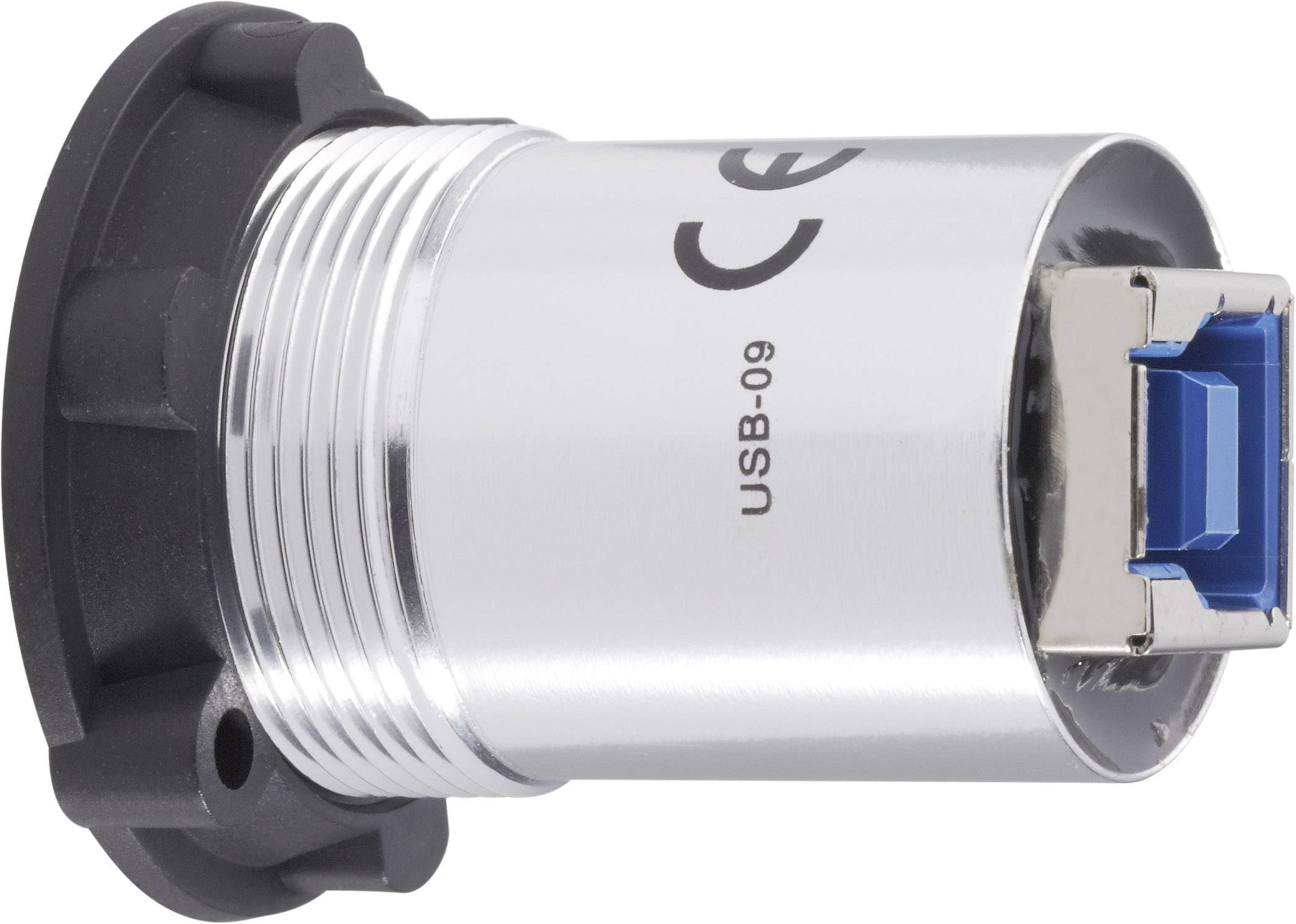 Ein silberner USB-Anschluss mit blauer Innenverkleidung und CE-Kennzeichnung.