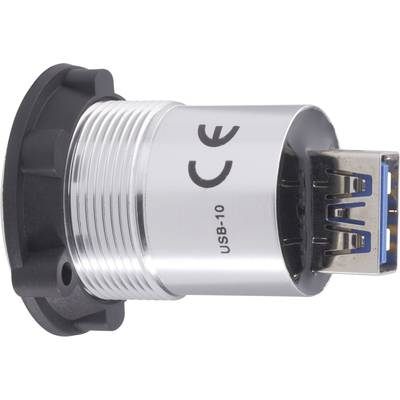 Ein silberner USB-10-Anschluss mit CE-Kennzeichnung auf schwarzer Halterung; Vorderansicht der Steckeröffnung.