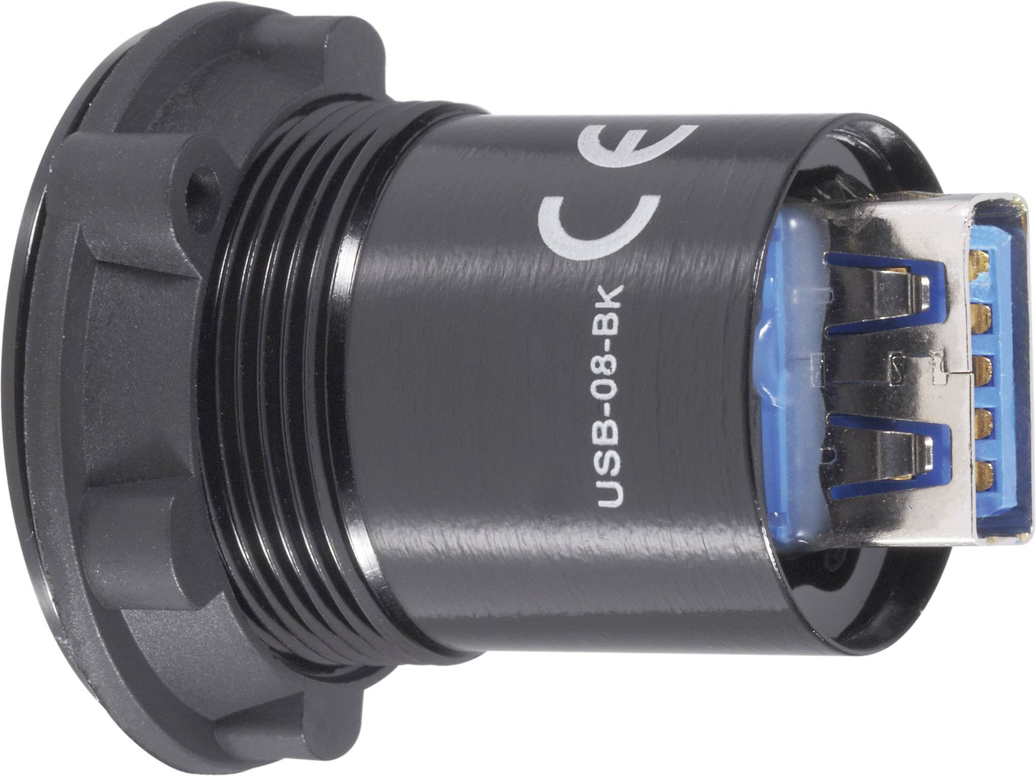 Schwarzer USB-Anschluss mit blauem Innenleben, seitlich liegend, mit CE-Kennzeichnung und Beschriftung 'USB-08-BK'.