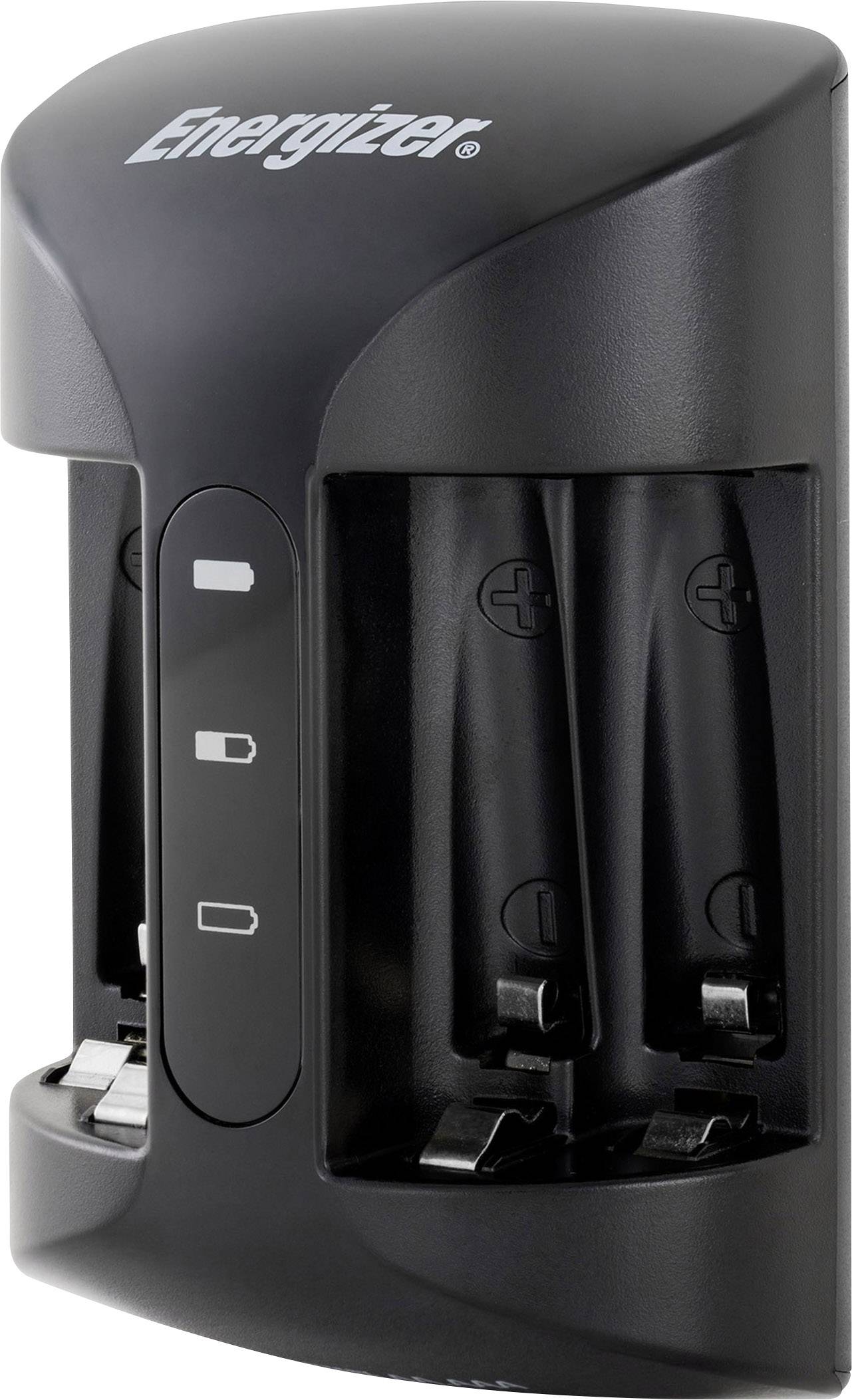 Ein schwarzes Energizer-Ladegerät mit Platz für vier AA-Batterien. Es zeigt eine LED-Anzeige mit Ladefortschritt.