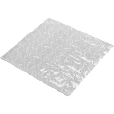 Eine rechteckige Luftpolsterfolie, transparent, mit regelmäßig verteilten, runden Kammern. Hauptsächlich Schutzmaterial.