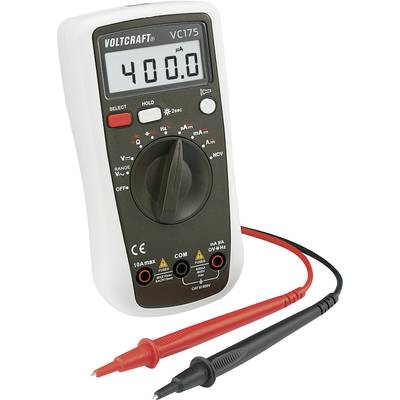 Digitalmultimeter Voltcraft VC175 zeigt Anzeige '400,0 µA'. Schalter auf Gleichstrombereich. Messkabel in Rot und Schwarz angeschlossen.