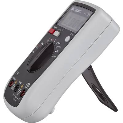 Ein digitales Multimeter in einem Kunststoffgehäuse mit einem großen Display, das auf einem ausklappbaren Ständer steht.